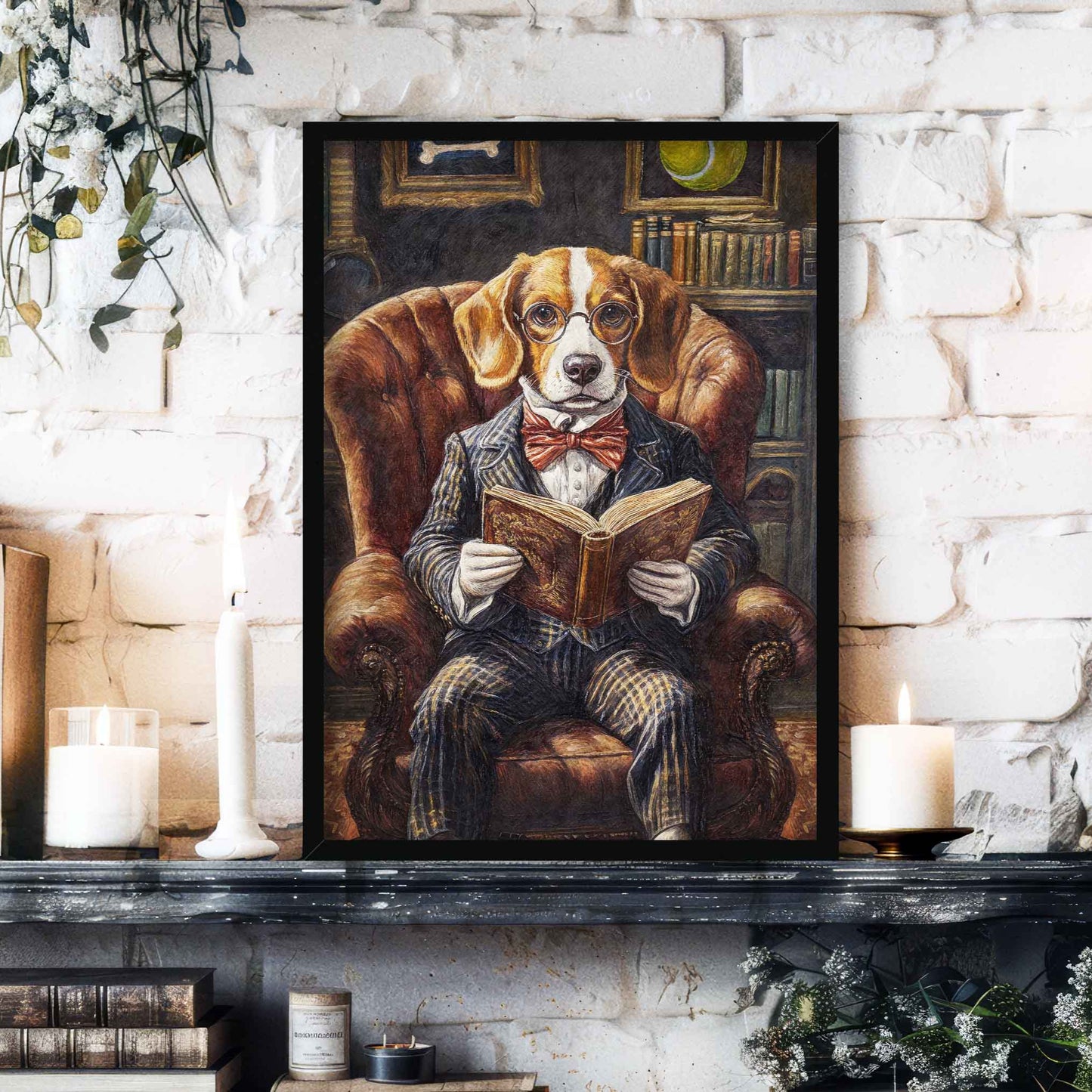 Beagle Dog Reading Book Print Black Frame by Vintage Panda Designs