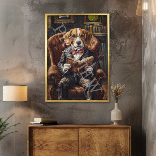 Beagle Dog Reading Book Print Gold Frame by Vintage Panda Designs