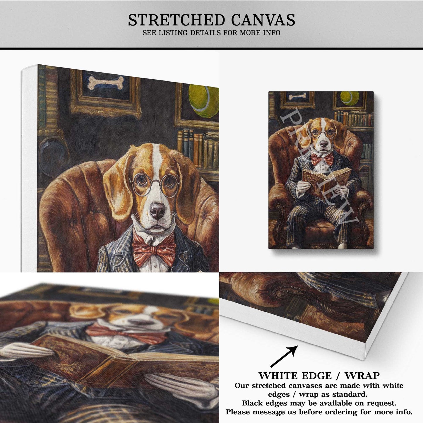 Beagle Dog Reading Book Stretched Canvas by Vintage Panda Designs