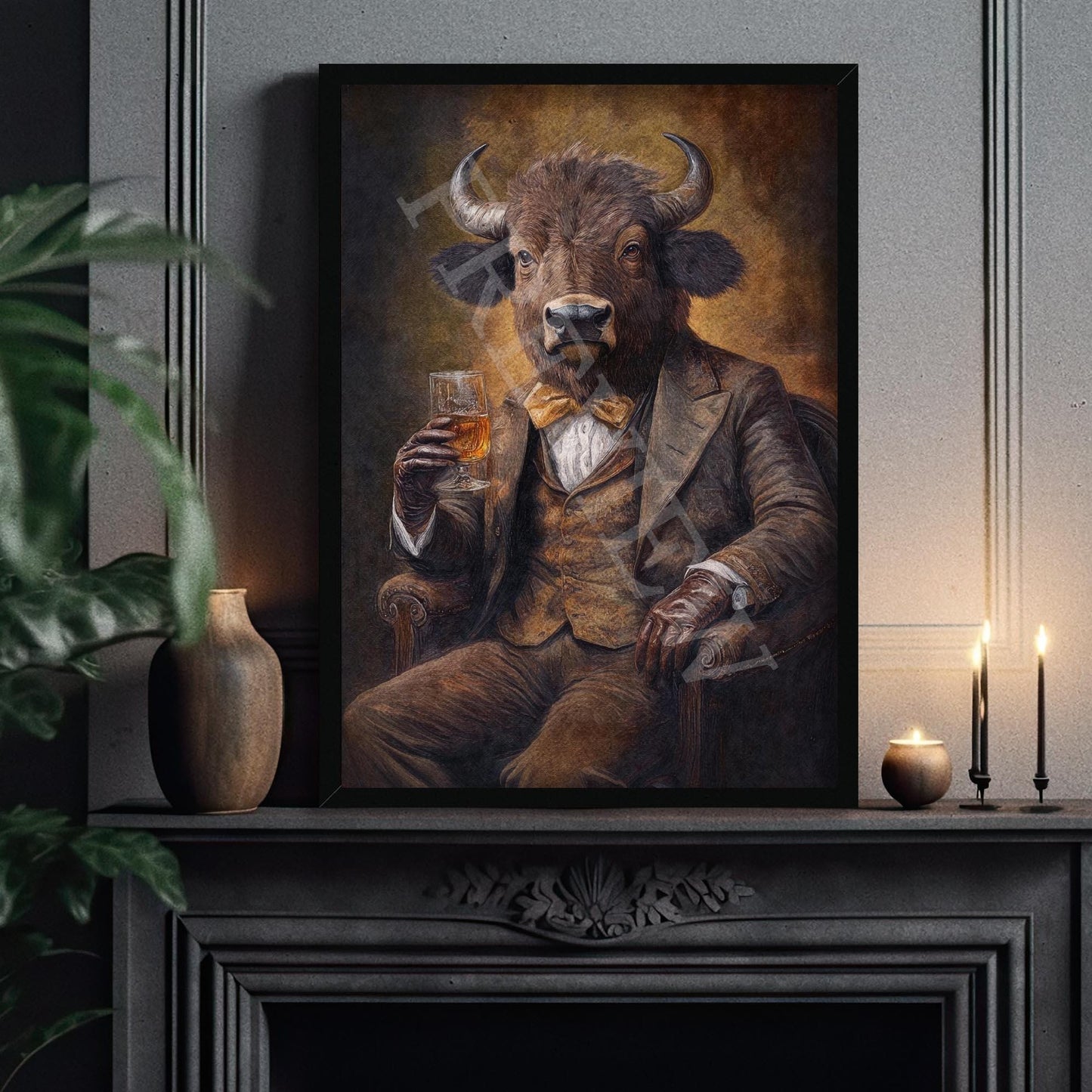 Bison Drinking Bourbon Wall Art Print Black Frame - Vintage Panda Designs