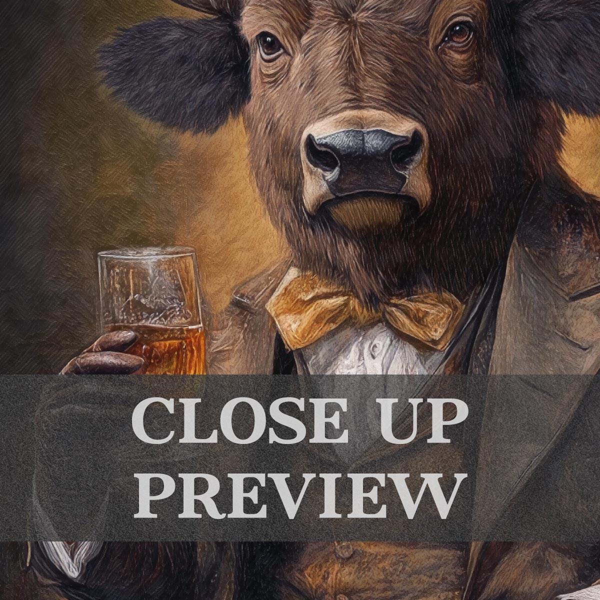 Bison Drinking Bourbon Wall Art Print Close Up - Vintage Panda Designs