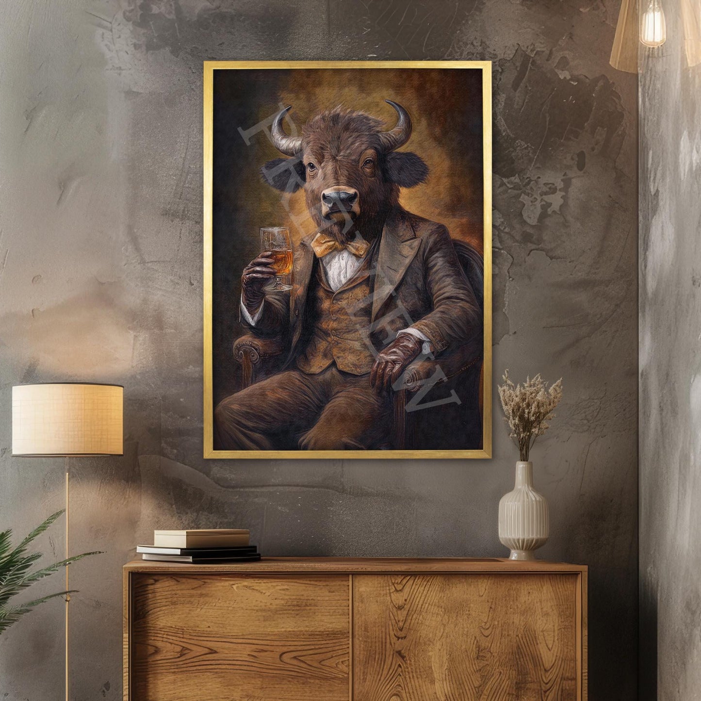 Bison Drinking Bourbon Wall Art Print Gold Frame - Vintage Panda Designs