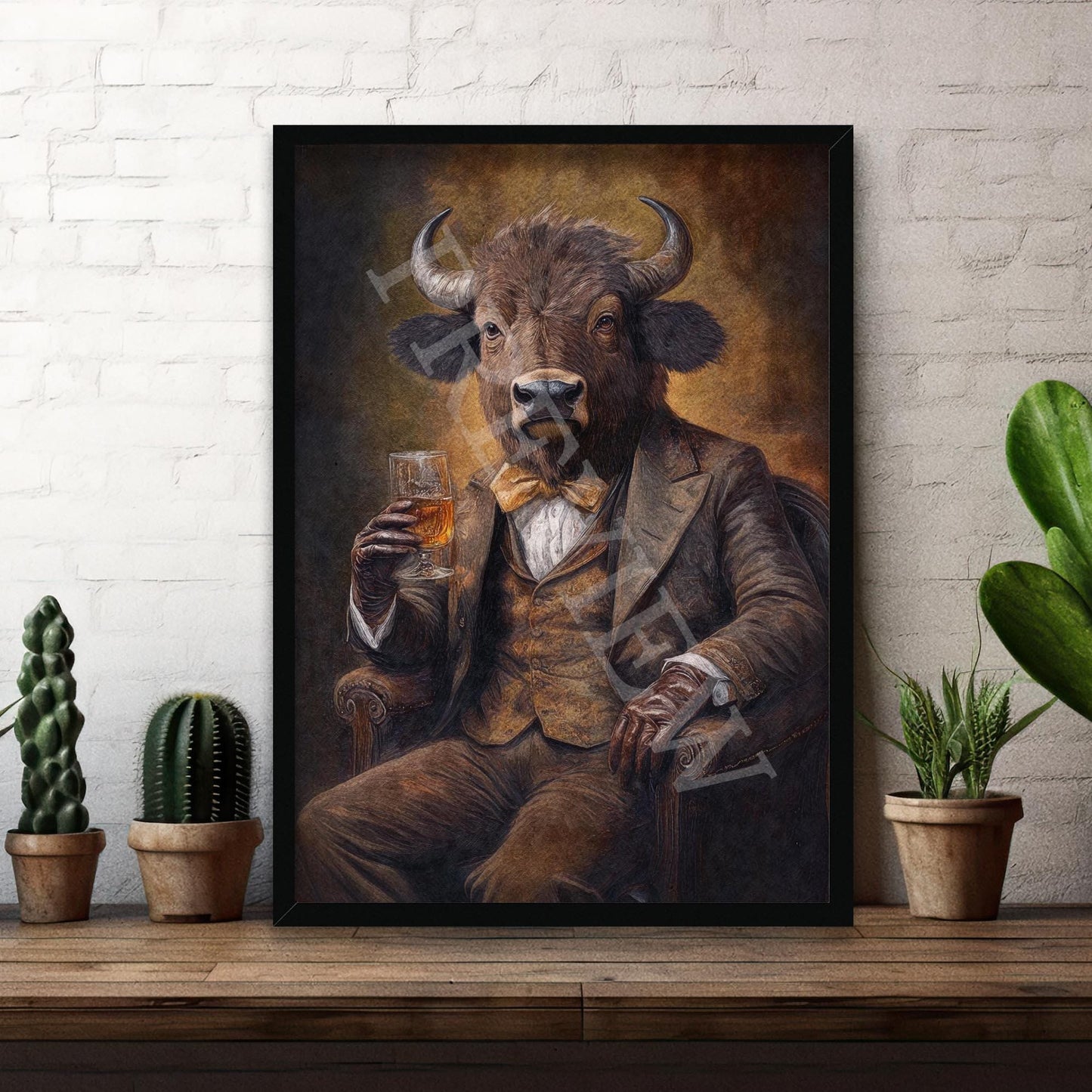 Bison Drinking Bourbon Wall Art Print Gold Frame - Vintage Panda Designs