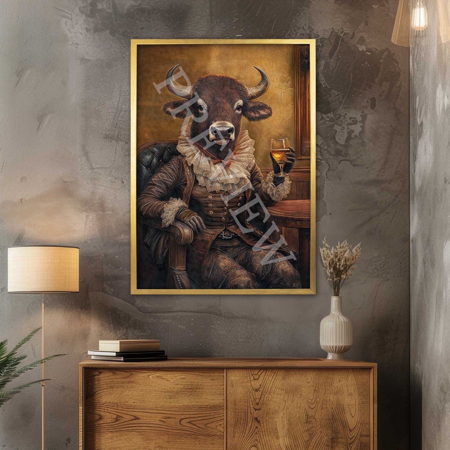 Bison Lady Drinking Bourbon Print Gold Frame - Vintage Panda
