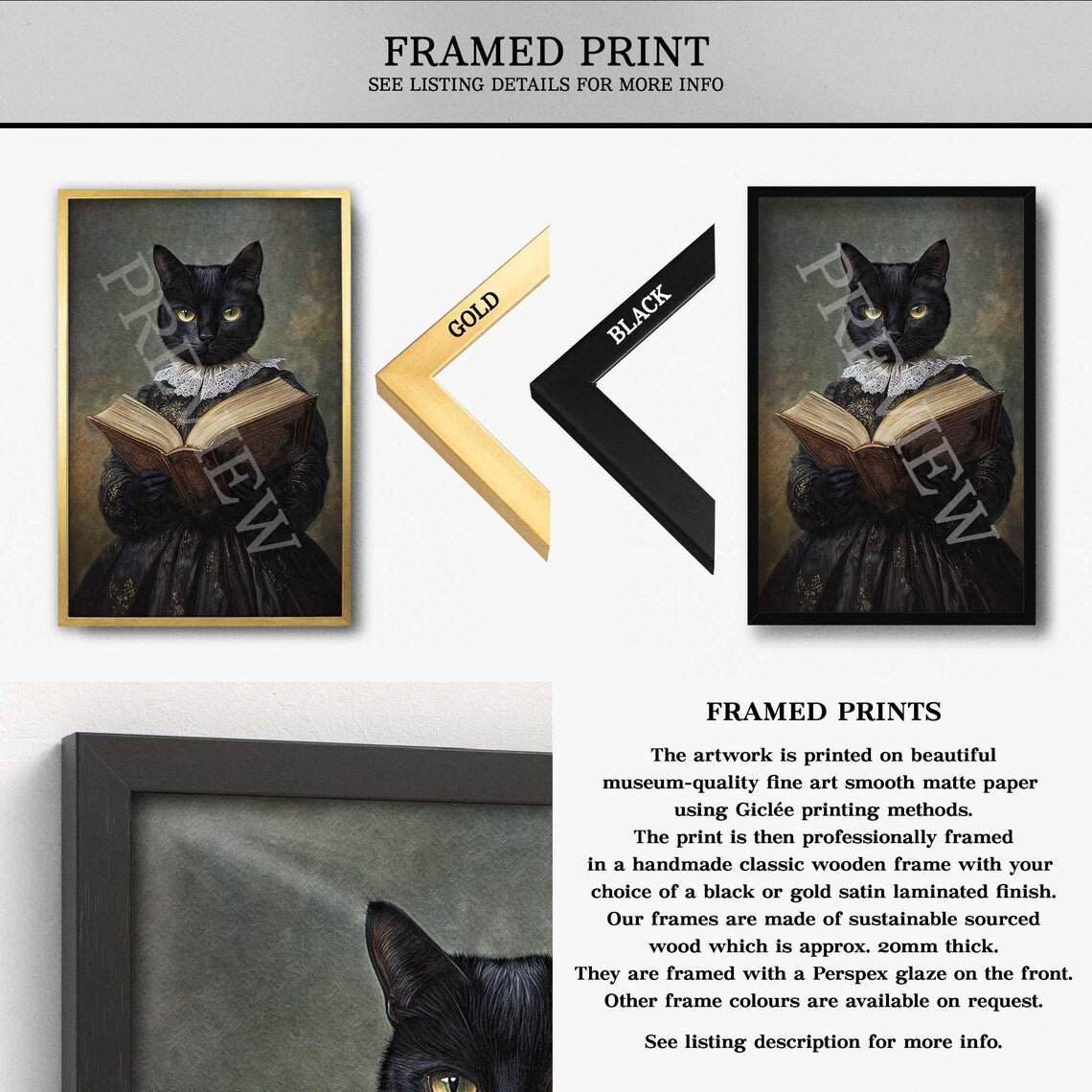 Black Cat Reading Book Framed Print by Vintage Panda Designs