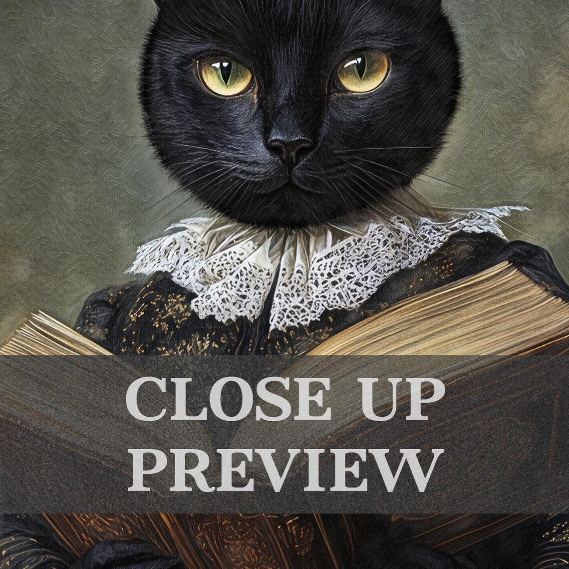 Black Cat Reading Book Print Close Up by Vintage Panda Designs