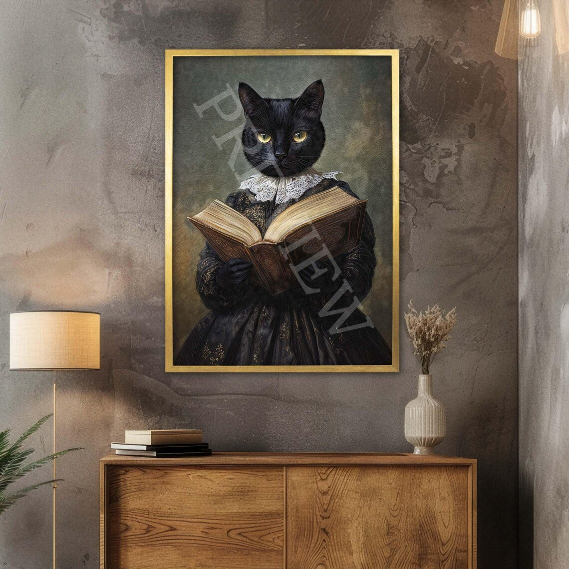 Black Cat Reading Book Print Gold Frame by Vintage Panda Designs