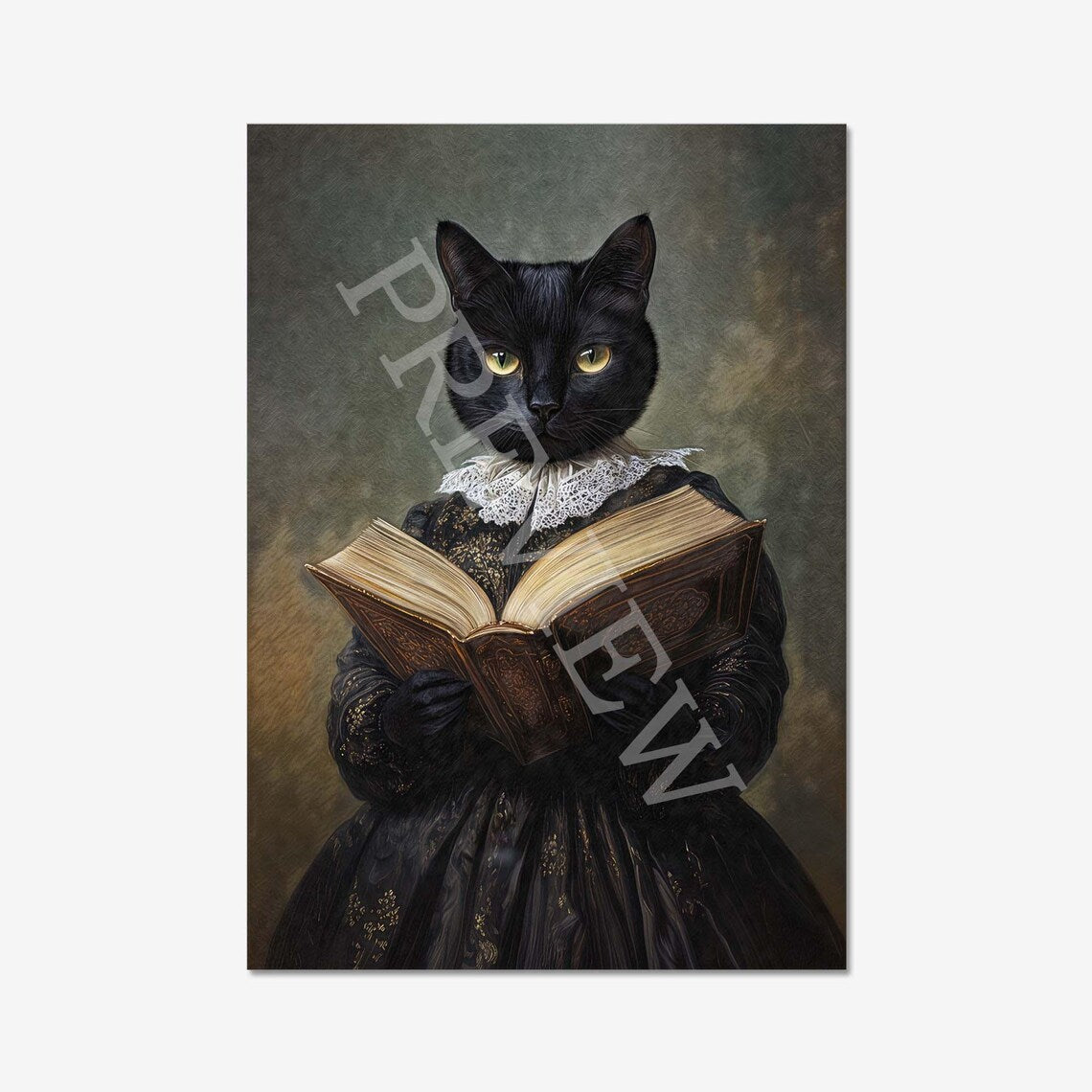 Black Cat Reading Book Print by Vintage Panda Designs
