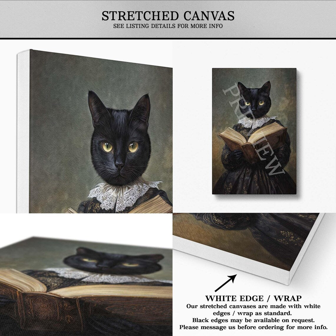 Black Cat Reading Book Stretched Canvas by Vintage Panda Designs