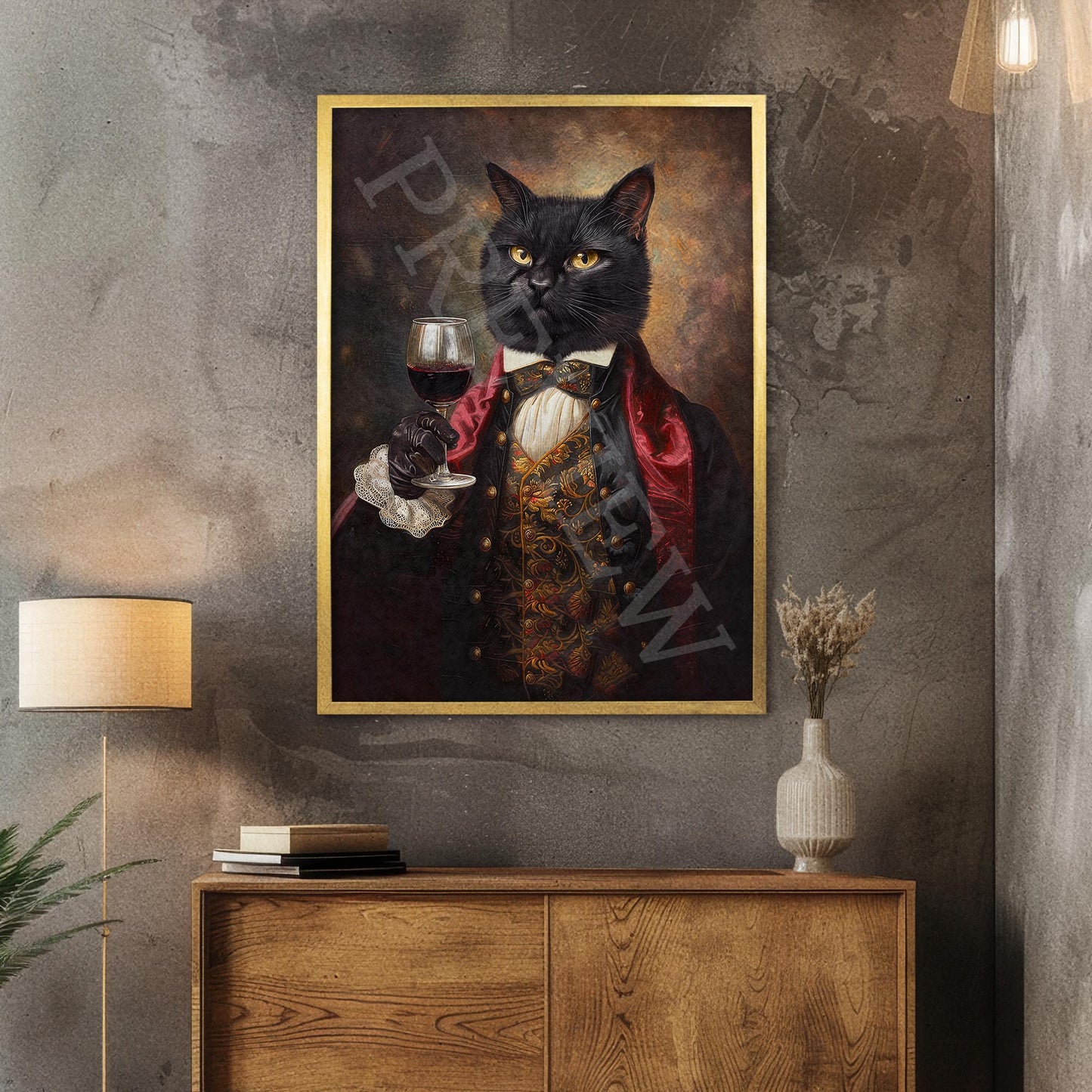 Cat_with_Wine_Portrait_Gold_Frame_-_Vintage_Panda_Designs