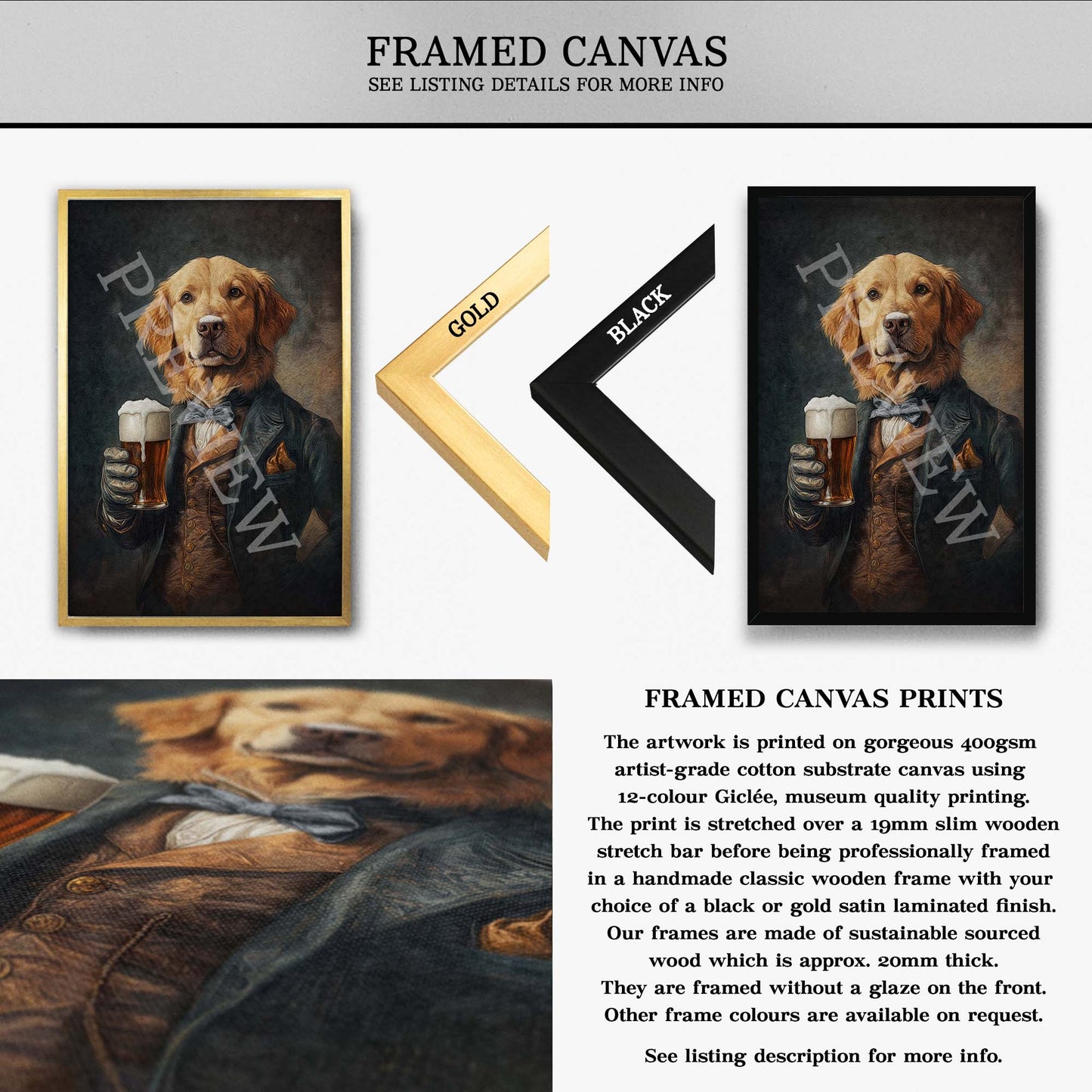 Golden Retriever Dog with Beer Framed Canvas - Vintage Panda Designs