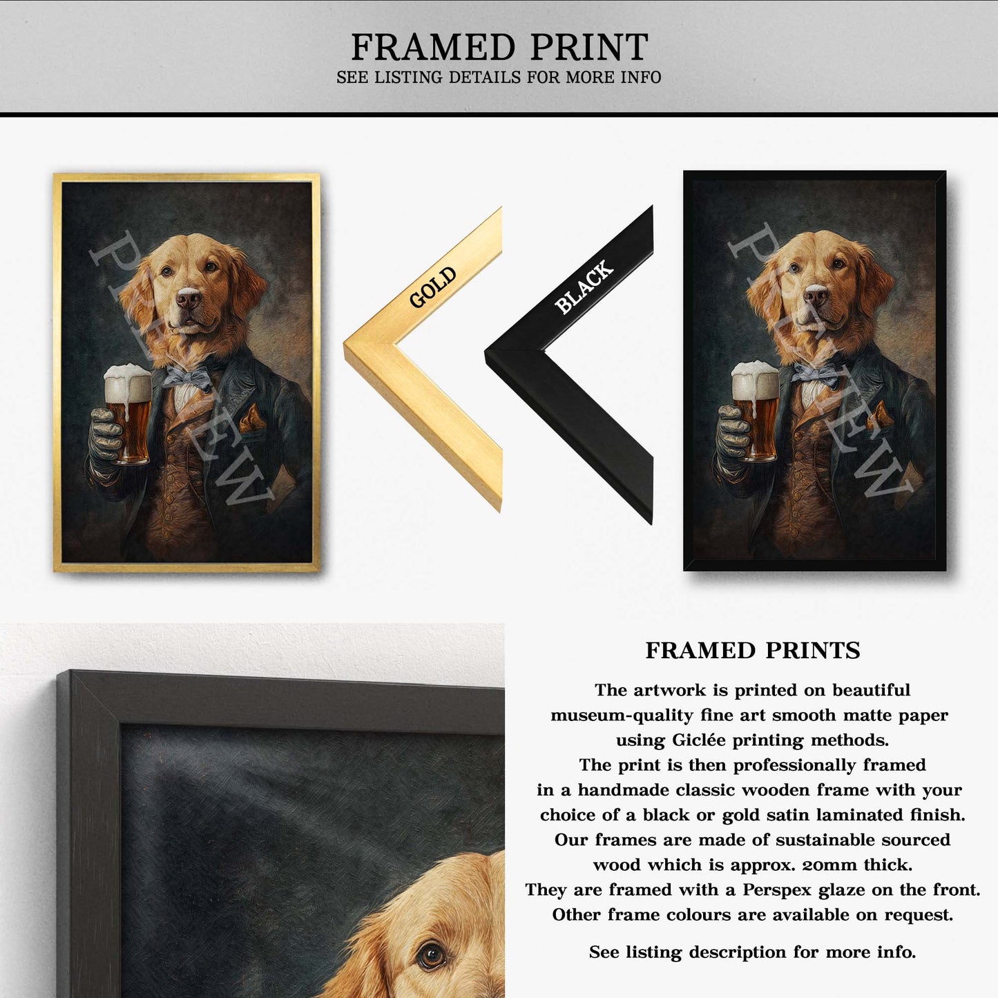 Golden Retriever Dog with Beer Framed Print - Vintage Panda Designs