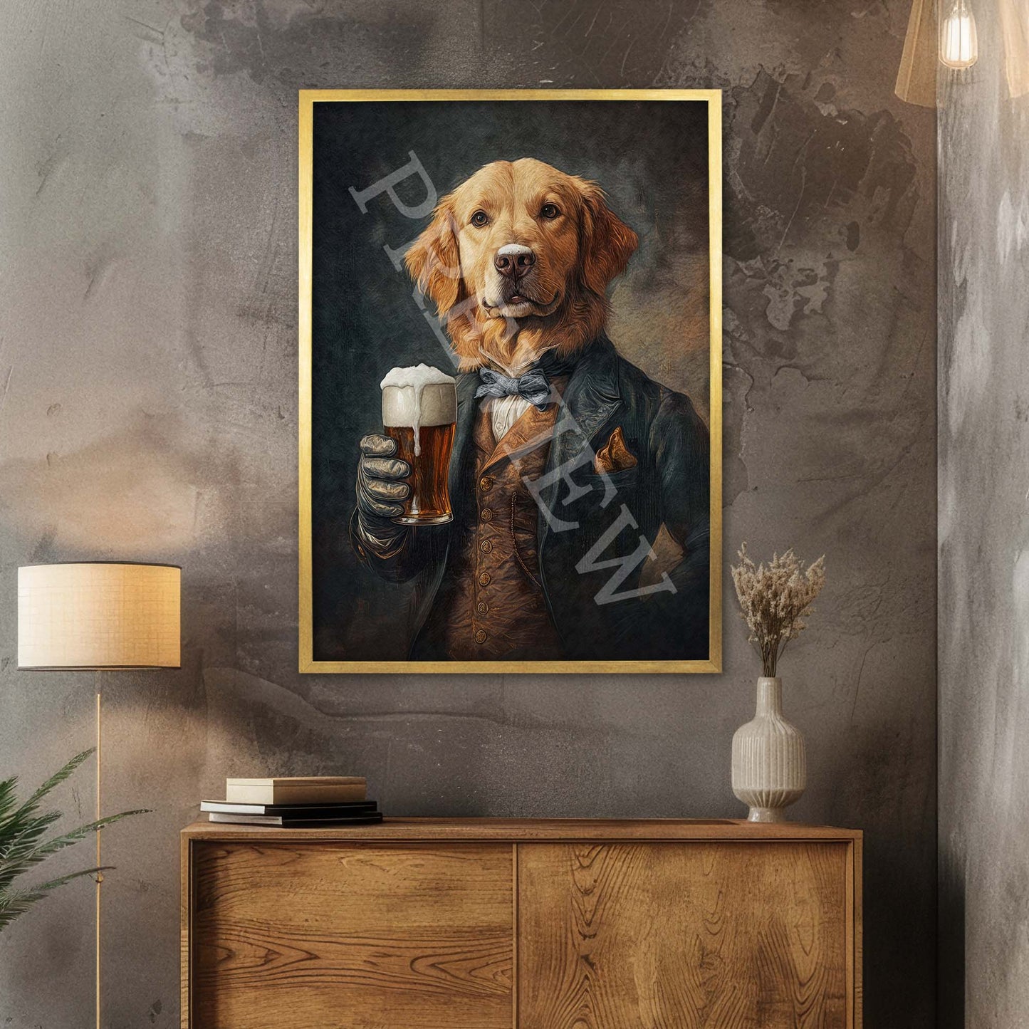 Golden Retriever Dog with Beer Print Gold Frame - Vintage Panda Designs