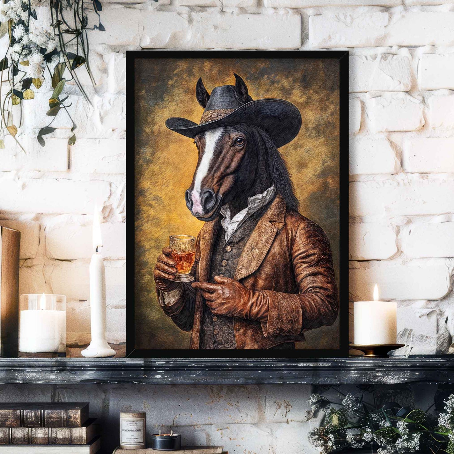 Horse Drinking Bourbon Print Black Frame - Vintage Panda Designs