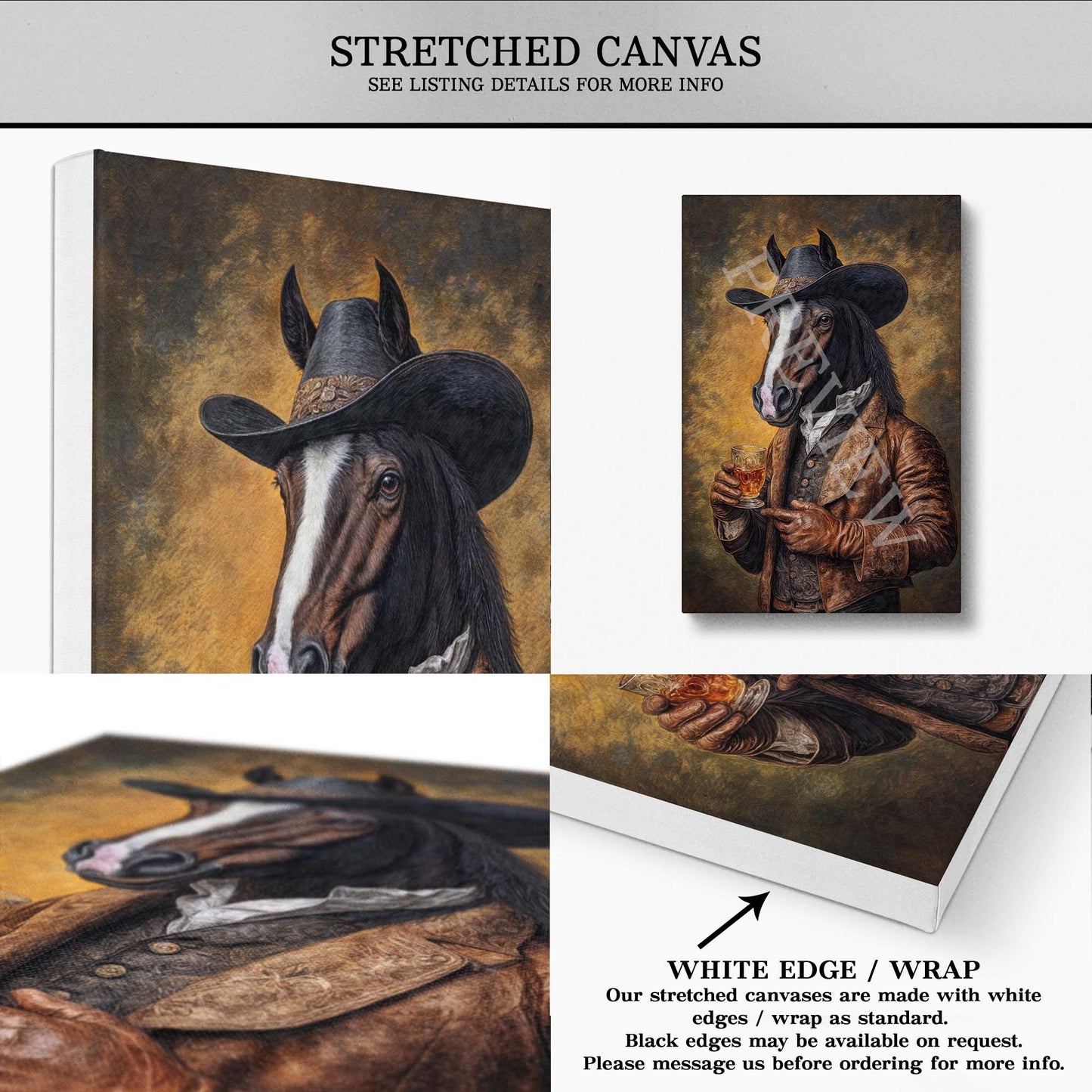 Horse Drinking Bourbon Stretched Canvas - Vintage Panda Designs