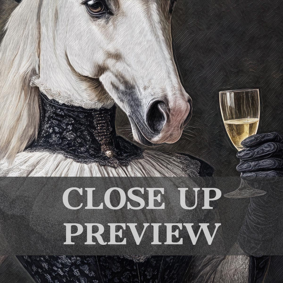 Horse Drinking Champagne Print Close Up - Vintage Panda Designs