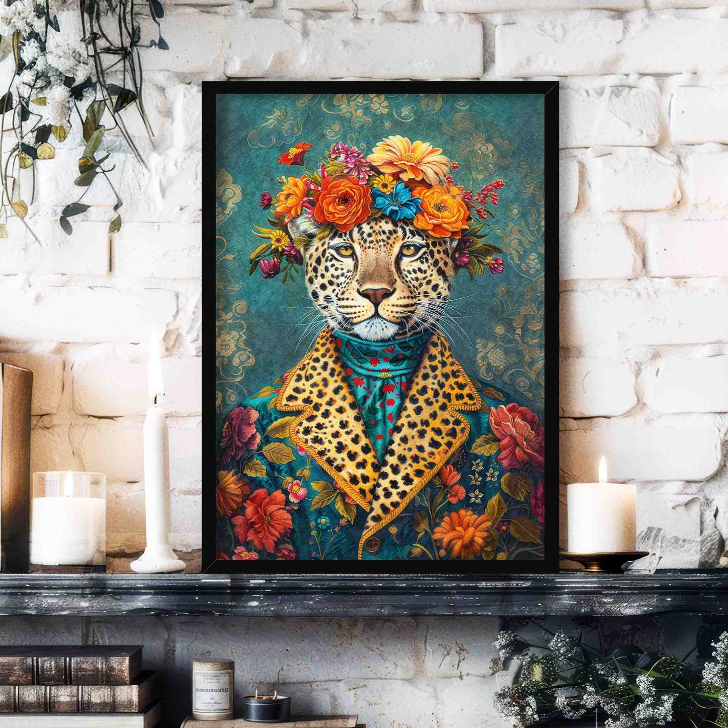 Leopard Floral Maximalist Wall Art Print Black Frame by Vintage Panda Designs