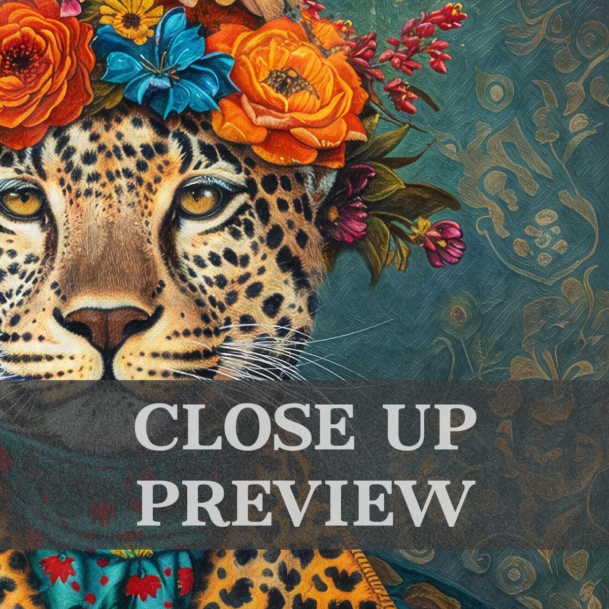 Leopard Floral Maximalist Wall Art Print Close Up by Vintage Panda Designs