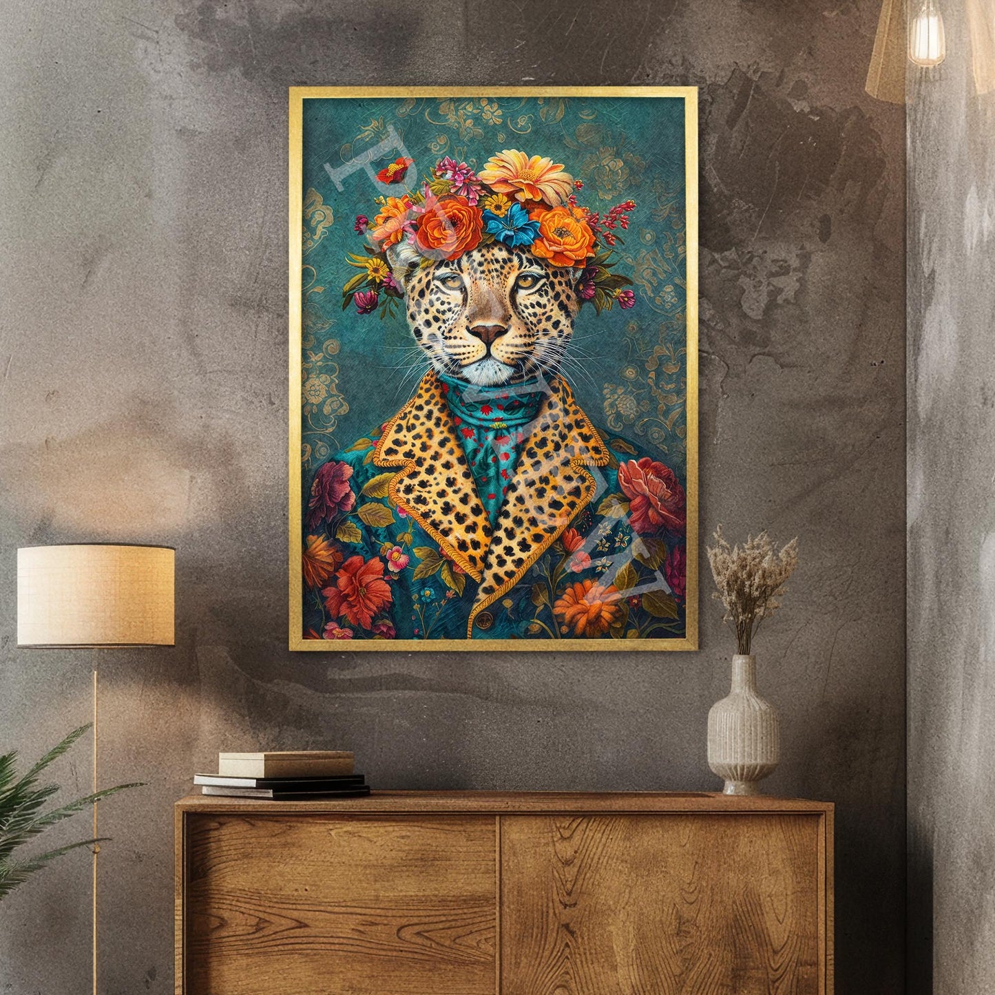 Leopard Floral Maximalist Wall Art Print Gold Frame by Vintage Panda Designs