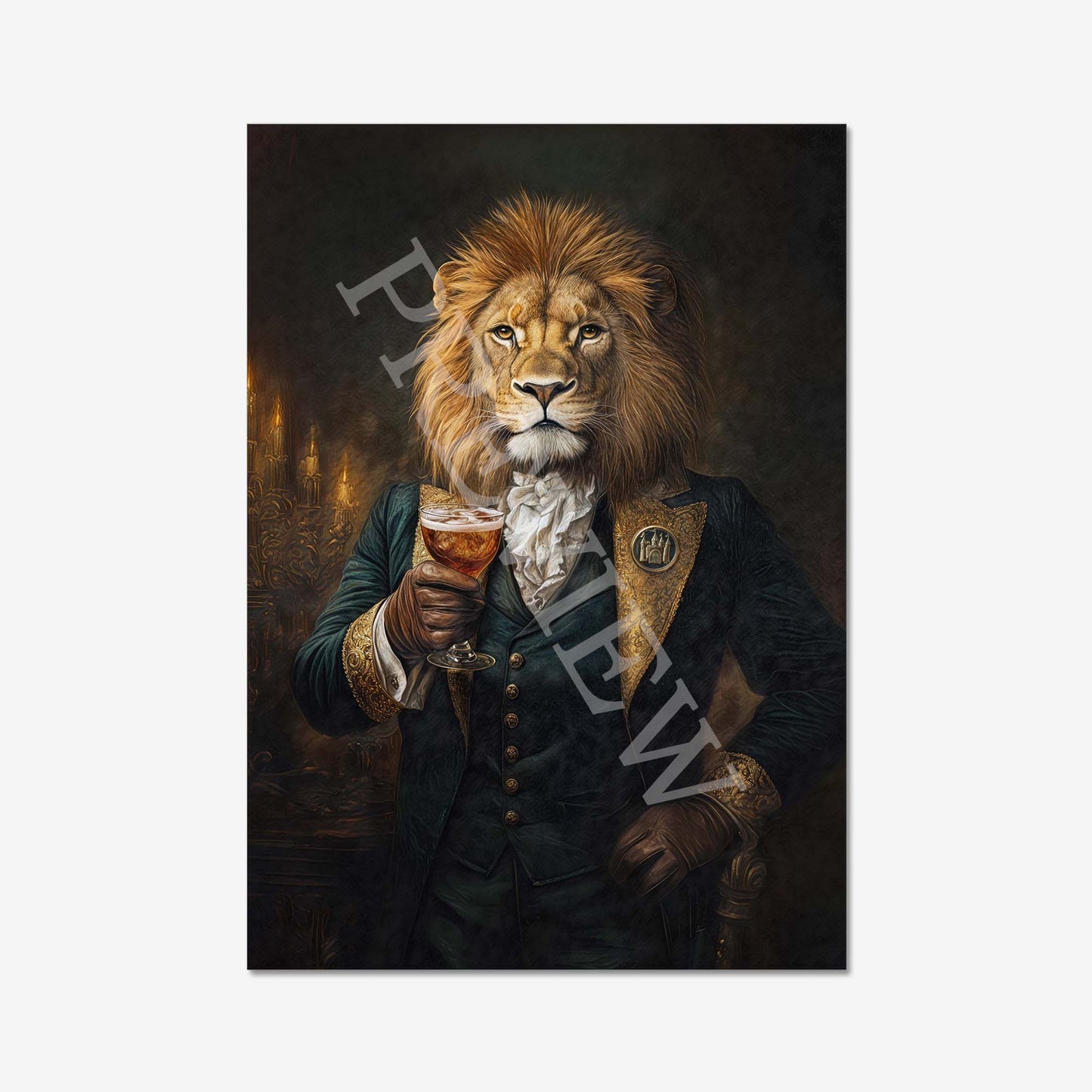 Lion Drinking Bourbon Wall Art Print - Vintage Panda Designs