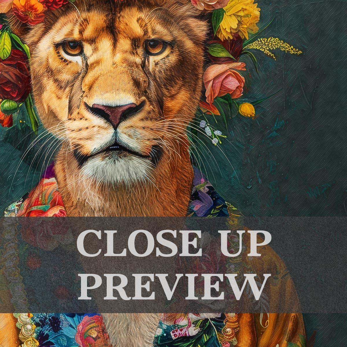 Lioness Floral Maximalist Wall Art Print Close Up by Vintage Panda Designs