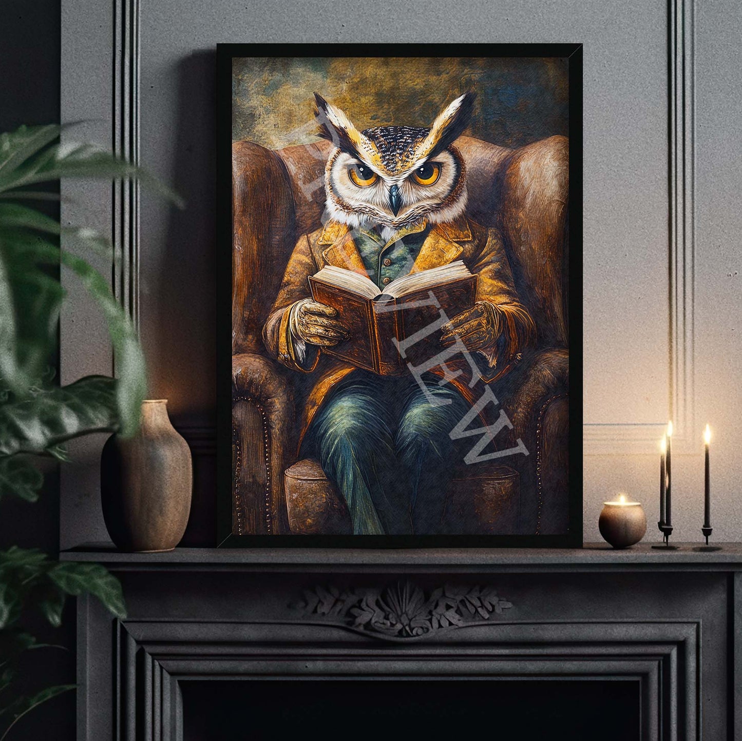 Owl_Reading_Book_Black_Frame_-_Vintage_Panda_Designs
