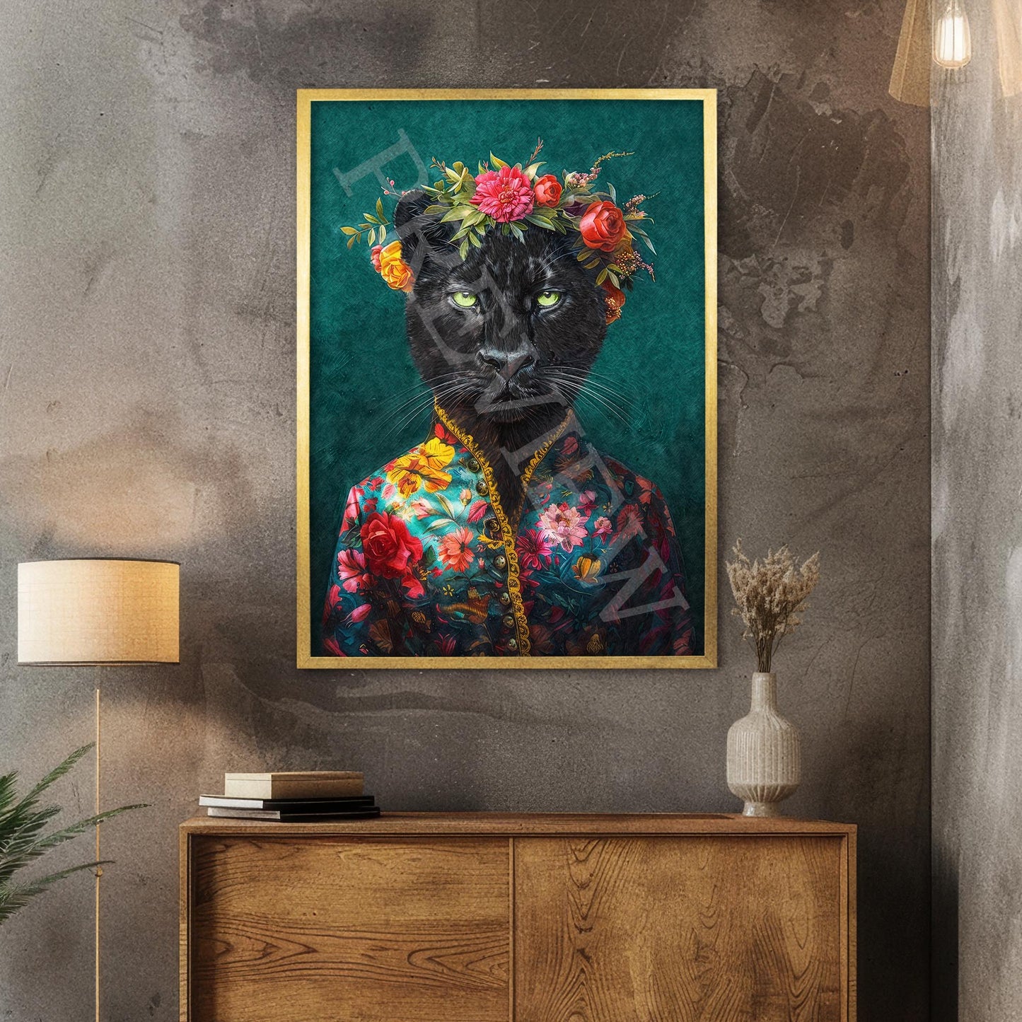 Panther Floral Maximalist Wall Art Print Gold Frame by Vintage Panda Designs