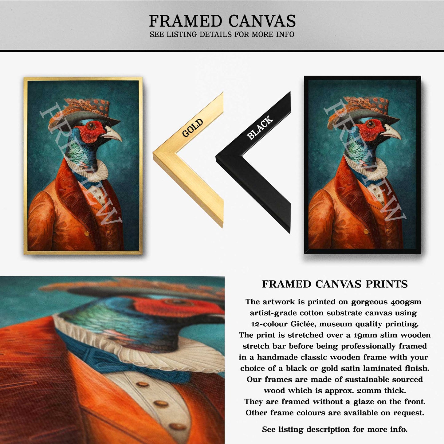Pheasant Gentleman Portrait Wall Art Framed Canvas by Vintage Panda Designs