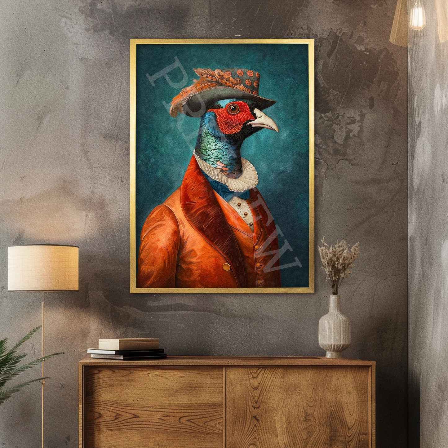 Pheasant Gentleman Portrait Wall Art Print Gold Frame by Vintage Panda Designs