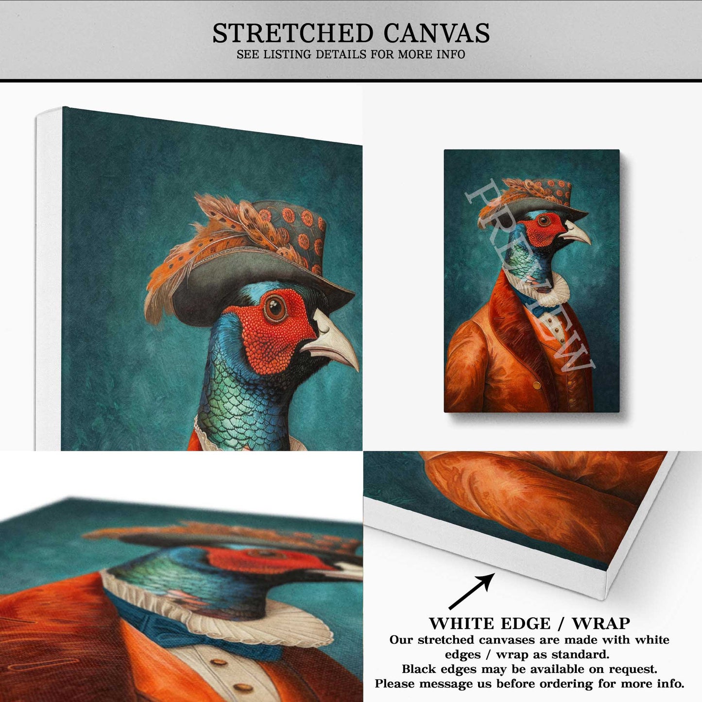 Pheasant Gentleman Portrait Wall Art Stretched Canvas by Vintage Panda Designs