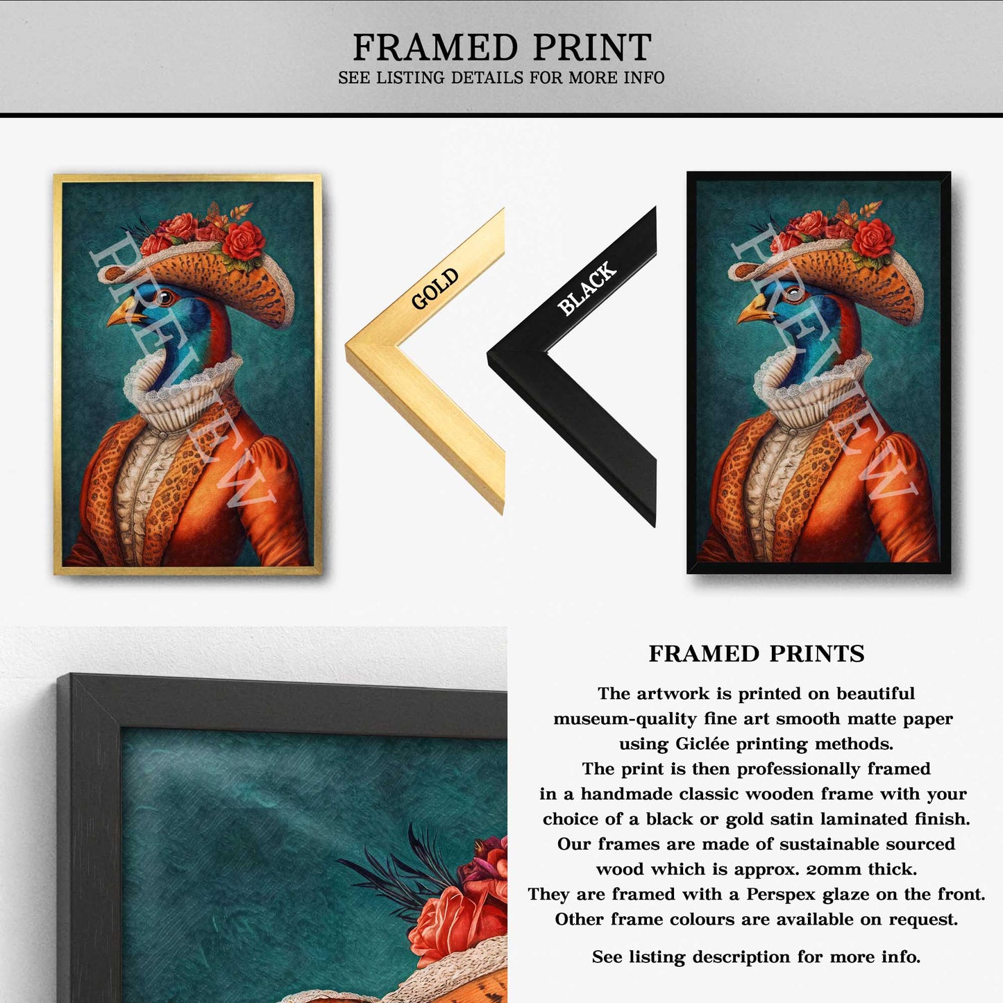 Pheasant Lady Portrait Wall Art Framed Print by Vintage Panda Designs