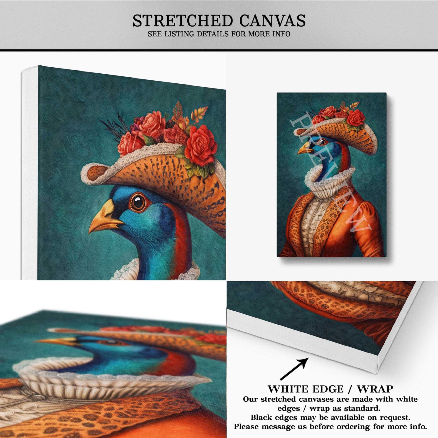 Pheasant Lady Portrait Wall Art Stretched Canvas by Vintage Panda Designs