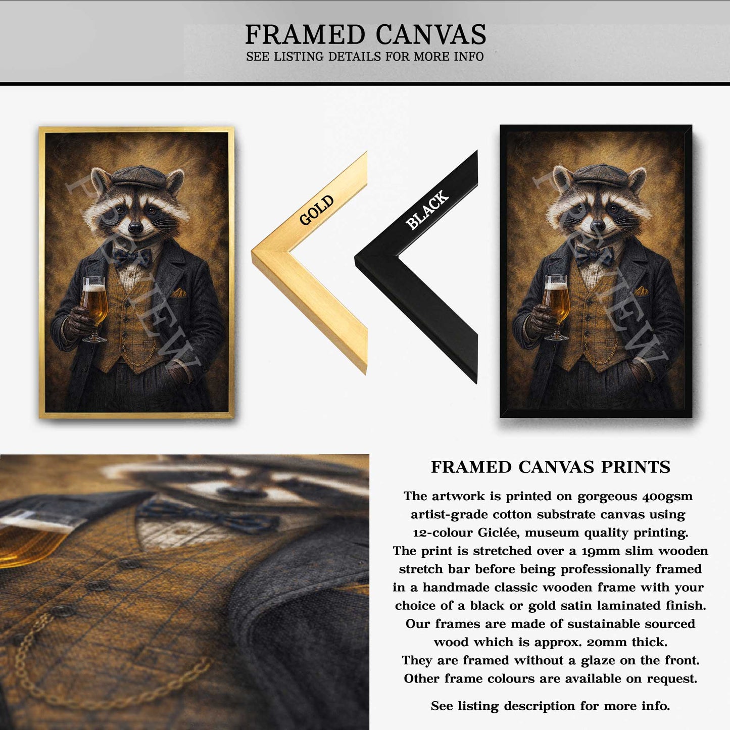 framed canvas art of a raccoon with a glass of beer available in gold or black frame