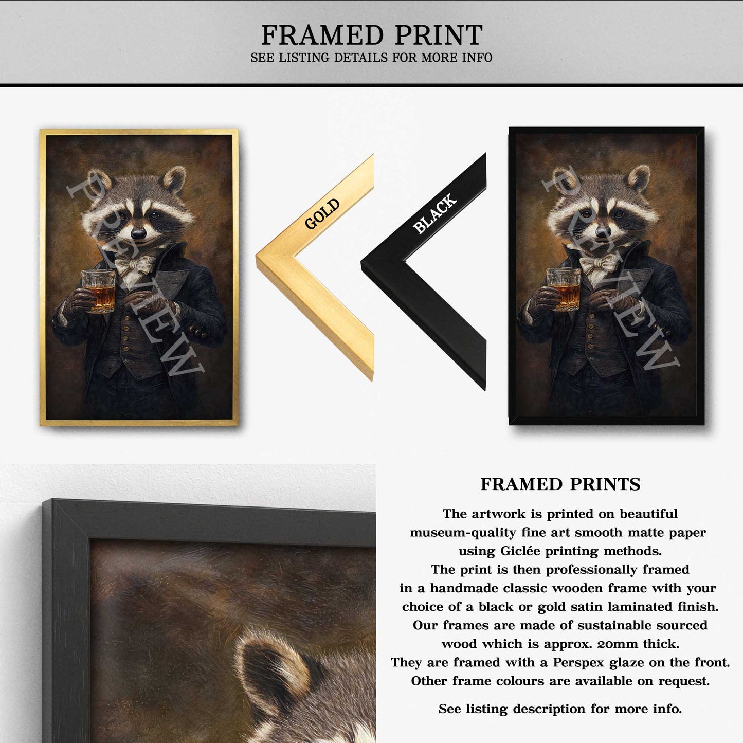 Raccoon Drinking Whisky Framed Print - Vintage Panda Designs