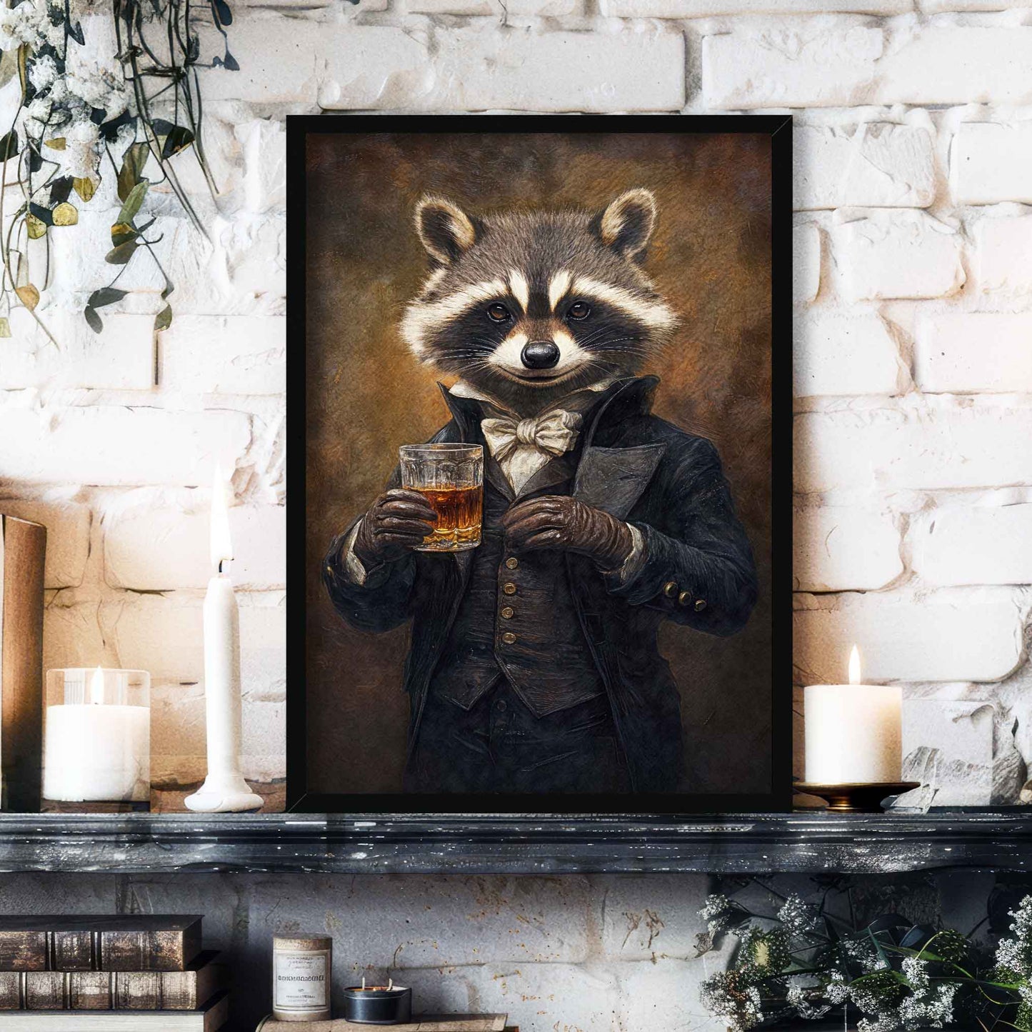 Raccoon Drinking Whisky Print Black Frame - Vintage Panda Designs