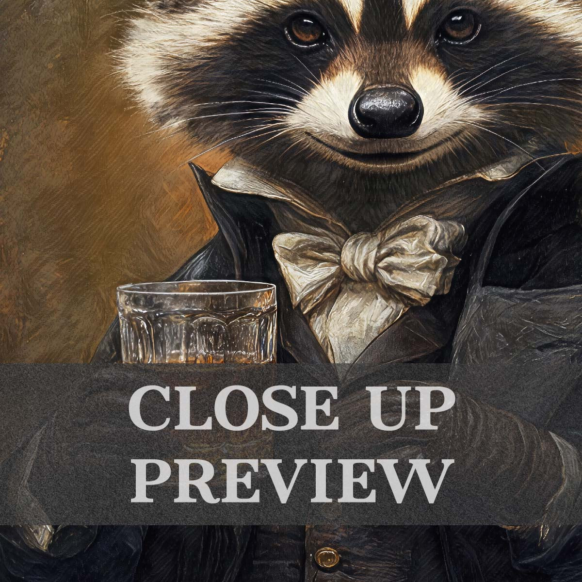 Raccoon Drinking Whisky Print Close Up - Vintage Panda Designs