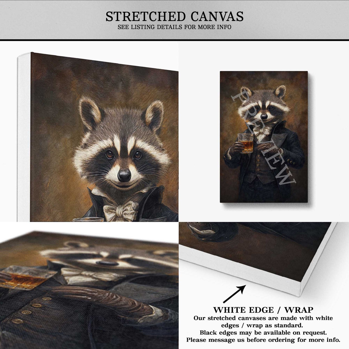 Raccoon Drinking Whisky Stretched Canvas - Vintage Panda Designs
