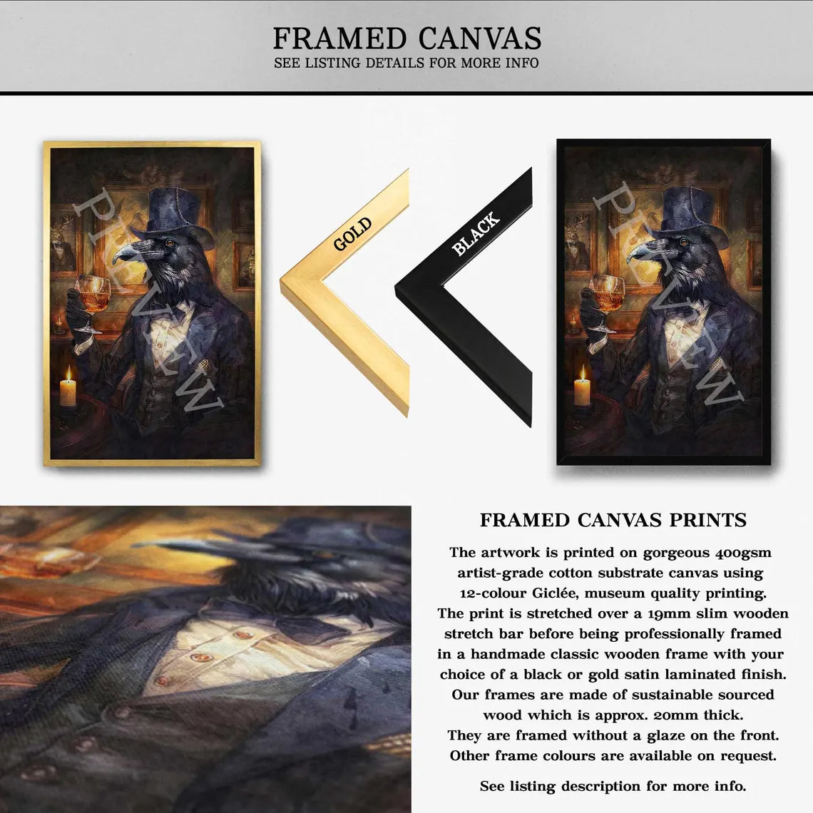Raven_Drinking_Whisky_Framed_Canvas_by_Vintage_Panda_Designs