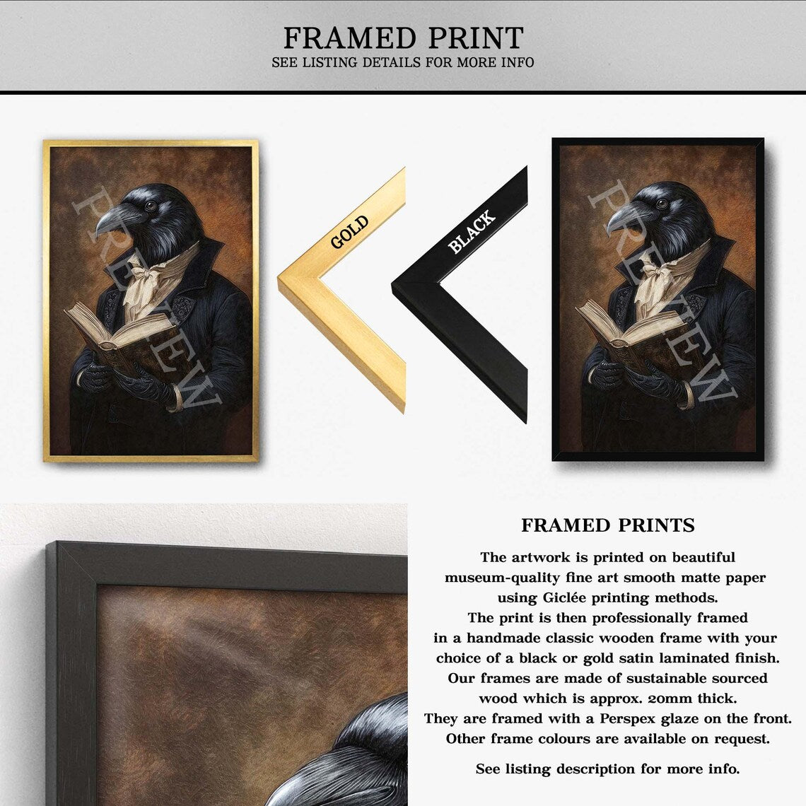 Raven Reading Book Framed Print by Vintage Panda Designs