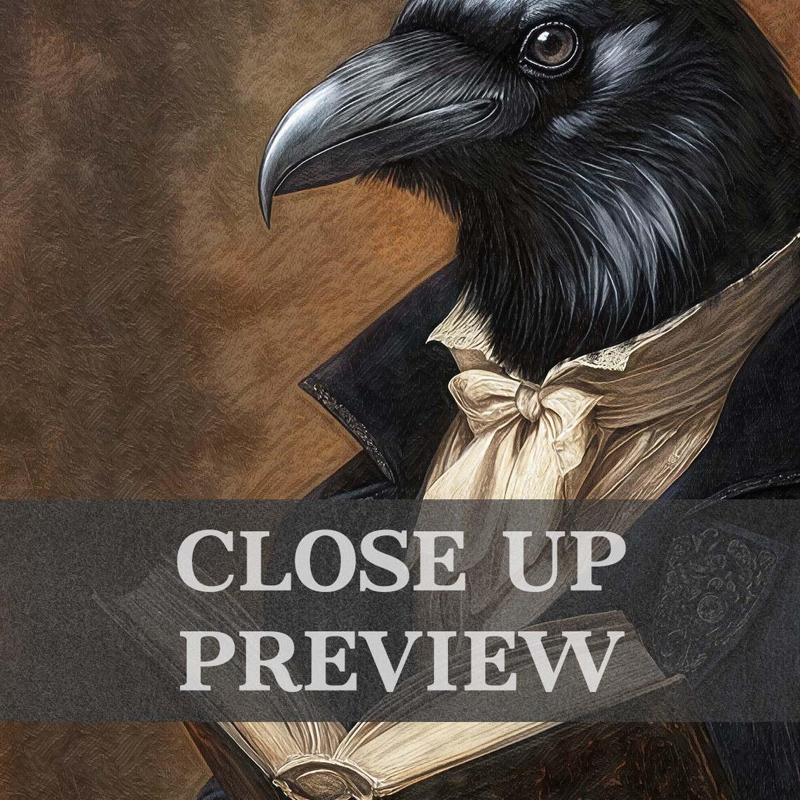 Raven Reading Book Print Close Up by Vintage Panda Designs