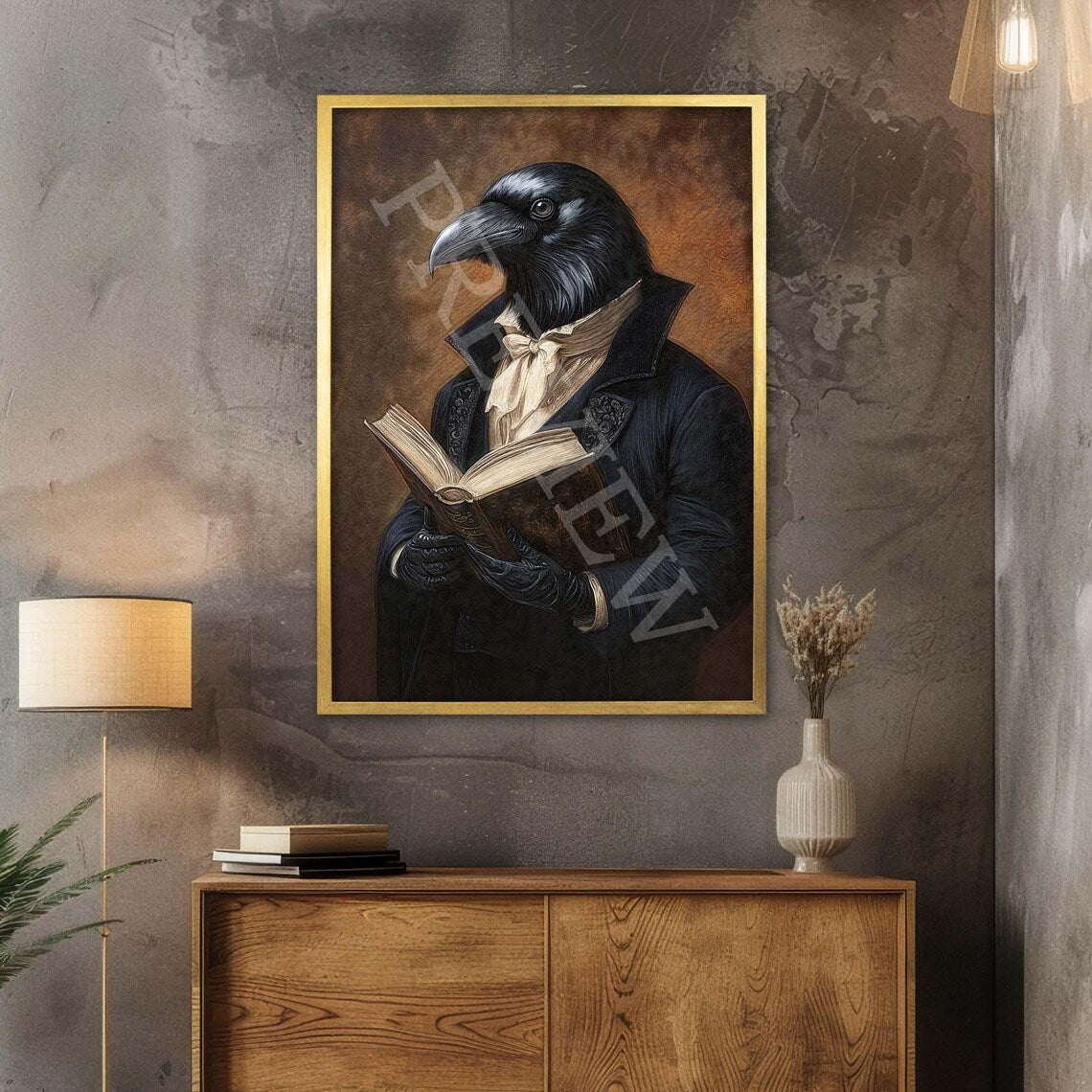 Raven Reading Book Print Gold Frame by Vintage Panda Designs
