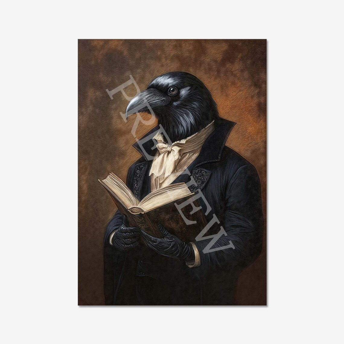 Raven Reading Book Print by Vintage Panda Designs