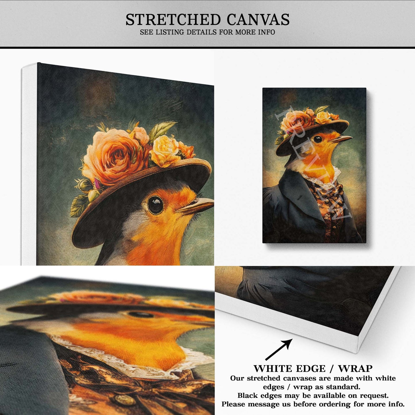 Robin Lady Wall Art Print Stretched Canvas by Vintage Panda Designs