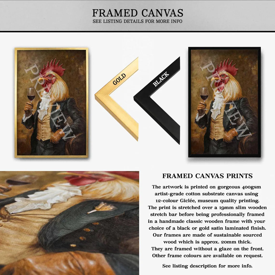 Rooster Drinking Red Wine Framed Canvas by Vintage Panda Designs