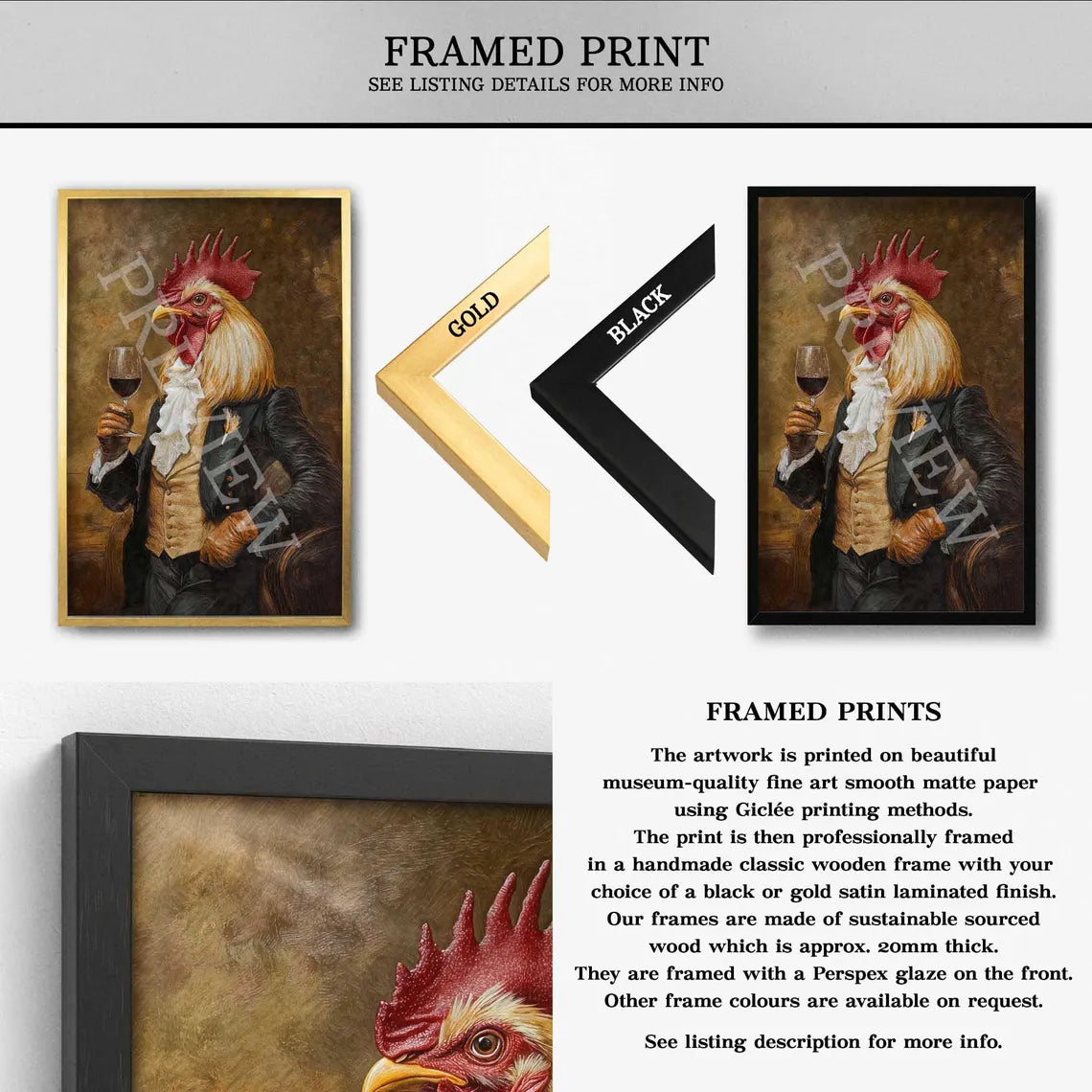 Rooster Drinking Red Wine Framed Print- Vintage Panda Designs