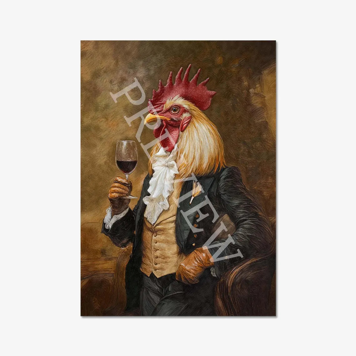 Rooster Drinking Red Wine Print - Vintage Panda Designs
