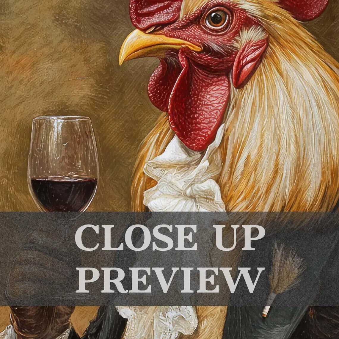 Rooster Drinking Red Wine Print Close Up - Vintage Panda Designs