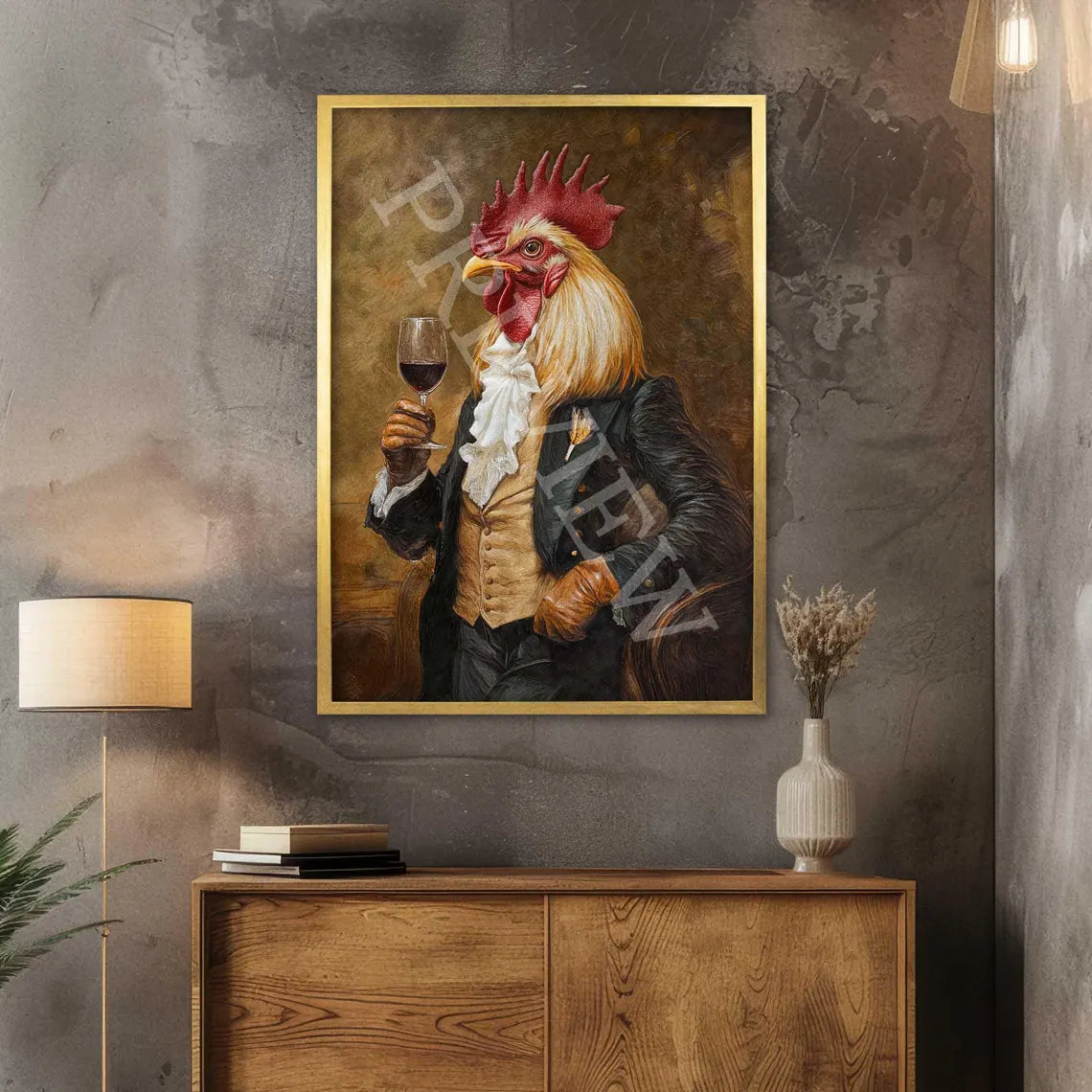 Rooster Drinking Red Wine Print Gold Frame - Vintage Panda Designs