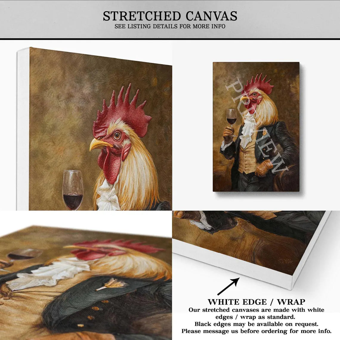 Rooster Drinking Red Wine t- Vintage Panda Designs Stretched Canvas