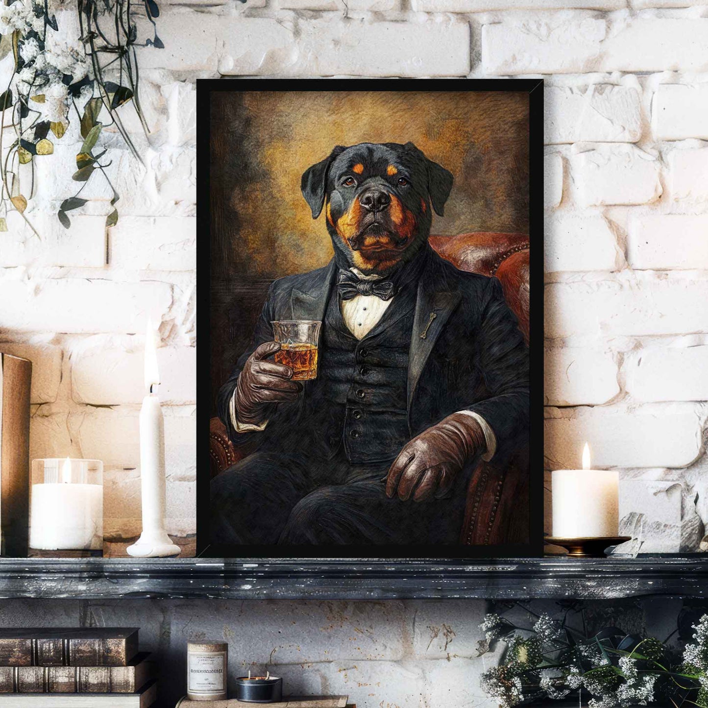 Rottweiler Dog Drinking Whisky Smoking Pipe Wall Art Print Black Frame Vintage Panda Designs